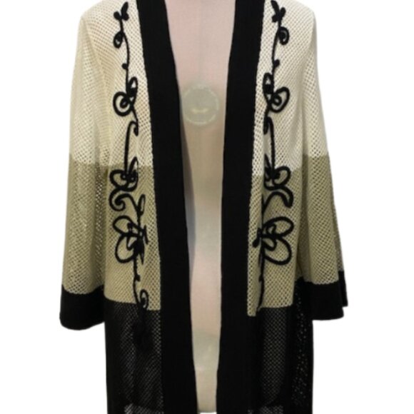VTG ONCE AGAIN Womens Mesh Fishnet Open Front Embroidered Cardigan XL Fisherman - Picture 2 of 6